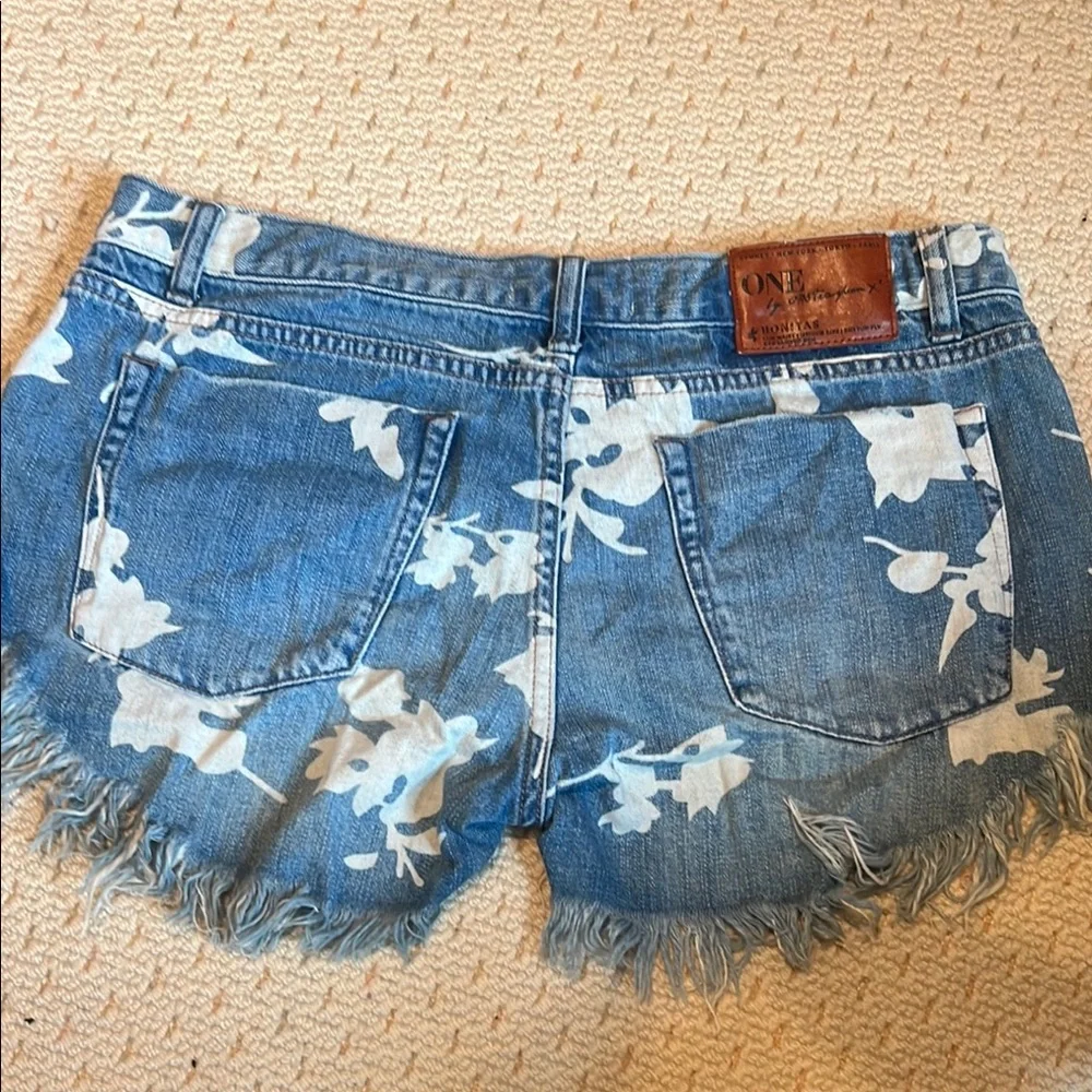 One Teaspoon Blue and White Floral Jean Shorts - Picture 1 of 4